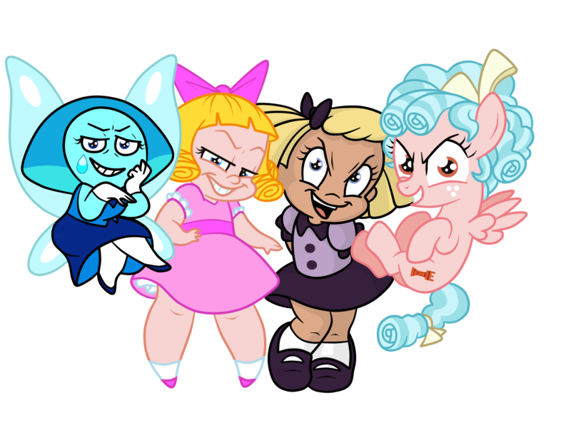 Size: 1600x1200 | Tagged: safe, alternate version, artist:squipycheetah, derpibooru import, cozy glow, human, pegasus, pony, aquamarine (steven universe), baby doll, batman the animated series, bow, cats don't dance, child, clothes, crossover, darla dimple, dress, evil, evil grin, female, filly, flying, gem, grin, hair bow, mary dahl, simple background, smiling, steven universe, transparent background, water wings