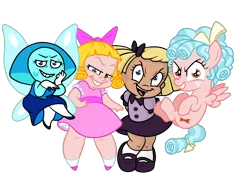Size: 1600x1200 | Tagged: safe, alternate version, artist:squipycheetah, derpibooru import, cozy glow, human, pegasus, pony, aquamarine (steven universe), baby doll, batman the animated series, bow, cats don't dance, child, clothes, crossover, darla dimple, dress, evil, evil grin, female, filly, flying, gem, grin, hair bow, mary dahl, simple background, smiling, steven universe, transparent background, water wings