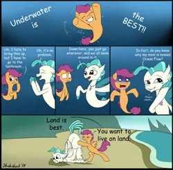 Size: 1641x1608 | Tagged: safe, artist:strebiskunk, derpibooru import, scootaloo, terramar, classical hippogriff, hippogriff, pegasus, pony, seapony (g4), surf and/or turf, comic, comic sans, dialogue, female, filly, implied menstrual blood, implied ocean flow, joke, male, reality ensues, seaponified, seapony scootaloo, species swap, speech bubble, squick, toilet humor, too much information, underwater