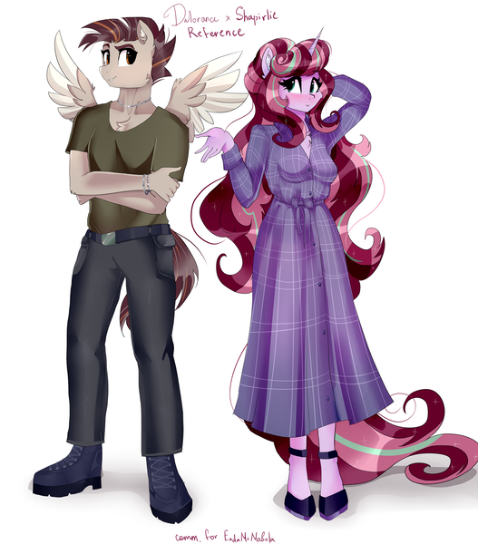 Size: 3426x3904 | Tagged: safe, artist:xjenn9, derpibooru import, oc, oc:dalorance, oc:shapirlic, unofficial characters only, anthro, pegasus, plantigrade anthro, unicorn, blushing, clothes, commissioner:endbringer99, dalorlic, looking at each other, simple background, white background