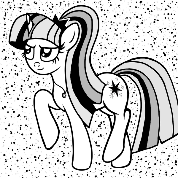 Size: 1000x1000 | Tagged: safe, artist:katya, derpibooru import, sci-twi, twilight sparkle, ponified, pony, black and white, comic style, element of magic, equestria girls ponified, grayscale, monochrome, solo