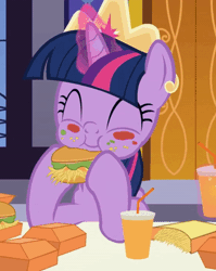 Size: 359x450 | Tagged: safe, artist:agrol, derpibooru import, twilight sparkle, twilight sparkle (alicorn), alicorn, pony, adorkable, animated, burger, cropped, crown, cute, dork, drink, drinking, eating, eyes closed, female, food, french fries, gif, glowing horn, happy, hay burger, hay fries, horn, how to be a princess, jewelry, levitation, magic, mare, messy eating, regalia, solo, table, telekinesis, that pony sure does love burgers, twiabetes, twilight burgkle