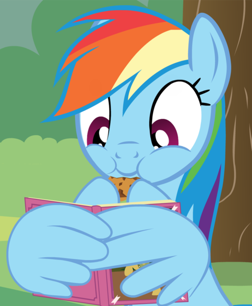 Size: 875x1061 | Tagged: safe, artist:agrol, derpibooru import, rainbow dash, pegasus, pony, book, cookie, cropped, cute, dashabetes, eating, female, food, just relax and read, mare, reading, smiling, solo, wing hands, wings