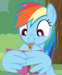 Size: 875x1061 | Tagged: safe, artist:agrol, derpibooru import, rainbow dash, pegasus, pony, book, cookie, cropped, cute, dashabetes, eating, female, food, just relax and read, mare, reading, smiling, solo, wing hands, wings