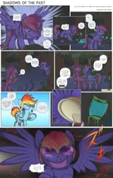 Size: 3000x4691 | Tagged: semi-grimdark, artist:perfectblue97, derpibooru import, applejack, rainbow dash, changeling, earth pony, pegasus, pony, comic:shadows of the past, blood, butt touch, censor bar, censored, censored vulgarity, comic, evil grin, female, grin, hoof on butt, mare, rainbow dash is best facemaker, smiling, spread wings, wings