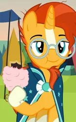 Size: 450x720 | Tagged: safe, artist:agrol, derpibooru import, sunburst, pony, unicorn, cape, clothes, cotton candy, cropped, cute, eating, facial hair, glasses, hoof hold, i can't believe it's not hasbro studios, male, stallion, sunbetes, time for two