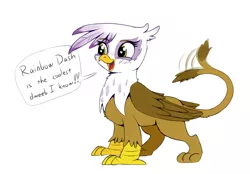 Size: 1376x960 | Tagged: safe, artist:firenhooves, derpibooru import, gilda, gryphon, blushing, colored, cute, dweeb, female, gildadorable, heart eyes, motion lines, simple background, smiling, standing, tail wag, text, white background, wingding eyes