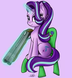 Size: 2000x2160 | Tagged: safe, artist:sadtrooper, derpibooru import, starlight glimmer, pony, unicorn, animal crossing, doom, female, glowing horn, gun, hair over one eye, horn, looking at you, magic, mare, shotgun, sitting, smiling, solo, super shotgun, telekinesis, weapon