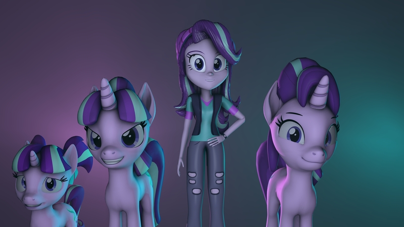 Size: 7680x4320 | Tagged: safe, artist:fazbearsparkle, derpibooru import, starlight glimmer, pony, equestria girls, 3d, beanie, clothes, female, filly, filly starlight glimmer, hat, human ponidox, looking at you, multeity, pants, ripped pants, s5 starlight, self paradox, self ponidox, source filmmaker, starlight glimmer day, time paradox, younger