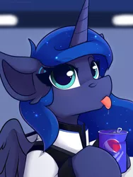 Size: 600x800 | Tagged: safe, artist:shadowreindeer, derpibooru import, princess luna, alicorn, android, pony, robot, avatar, blurred background, bust, clothes, cosplay, costume, crossover, cute, detroit: become human, female, looking at you, lunabetes, mare, pepsi, rk900, salivating, soda, solo, tongue out