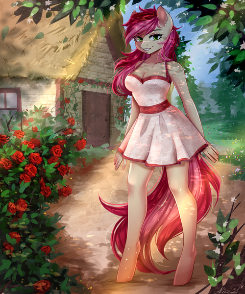 Size: 2500x3000 | Tagged: safe, artist:alicesmitt31, derpibooru import, roseluck, anthro, earth pony, unguligrade anthro, beautiful, breasts, busty roseluck, cleavage, clothes, cute, cuteluck, dress, ear fluff, female, flower, grin, looking at you, mare, outdoors, rose, smiling, solo