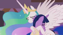 Size: 1920x1080 | Tagged: safe, derpibooru import, screencap, princess celestia, princess luna, twilight sparkle, twilight sparkle (alicorn), alicorn, pony, the summer sun setback, crown, cute, duo focus, ethereal mane, eyes closed, female, flowing mane, grin, hoof shoes, hug, jewelry, mare, multicolored mane, offscreen character, proud, regalia, smiling, spread wings, wings