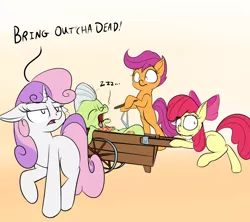 Size: 1800x1600 | Tagged: safe, artist:rocket-lawnchair, derpibooru import, apple bloom, granny smith, scootaloo, sweetie belle, earth pony, pony, unicorn, cutie mark crusaders, dialogue, female, filly, mare, missing wing, monty python, monty python and the holy grail, onomatopoeia, sleeping, sound effects, tongue out, wheelbarrow, zzz