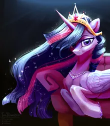 Size: 3280x3720 | Tagged: safe, artist:teaflower300, derpibooru import, princess twilight 2.0, twilight sparkle, twilight sparkle (alicorn), alicorn, pony, the last problem, cheek fluff, chest fluff, couch, crown, ear fluff, female, high res, jewelry, looking at you, lying down, mare, necklace, older, older twilight, regalia, solo, tiara, unshorn fetlocks