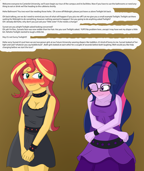 Size: 4500x5347 | Tagged: suggestive, artist:diaperednight, derpibooru import, sci-twi, sunset shimmer, twilight sparkle, comic:midnight's pet, equestria girls, blushing, breasts, clothes, collar, comic, cyoa, dialogue, diaper, diaper fetish, diaper under clothes, embarrassed, female, females only, femsub, fetish, looking at each other, one eye closed, smiling, submissive, wink