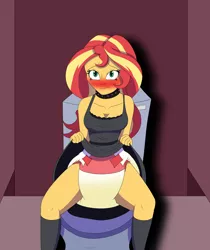 Size: 4500x5347 | Tagged: suggestive, artist:diaperednight, derpibooru import, sunset shimmer, comic:midnight's pet, equestria girls, blushing, breasts, clothes, collar, comic, cyoa, diaper, diaper fetish, dress, dress lift, embarrassed, female, fetish, image, non-baby in diaper, png, poofy diaper, potty time, skirt, skirt lift, solo, solo female, story in the source, toilet, urine, wet diaper