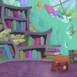 Size: 3000x3000 | Tagged: safe, artist:skunk bunk, derpibooru import, book, bookmark, bookshelf, crystal, crystal empire, flower, home, house, no pony, potion, scroll, sticky note, stool, sunburst's house, window