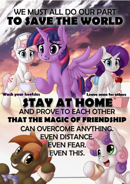 Size: 1000x1415 | Tagged: safe, artist:manifest harmony, derpibooru import, button mash, nurse redheart, rarity, sweetie belle, twilight sparkle, twilight sparkle (alicorn), alicorn, earth pony, pony, unicorn, series:save the world, apple, buttonbetes, coronavirus, covid-19, cute, diasweetes, food, heart eyes, heart nostrils, positive ponies, public service announcement, stay at home, tin can telephone, washing hooves, wingding eyes