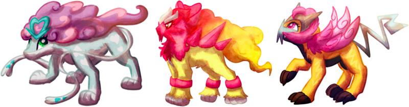 Size: 1600x419 | Tagged: apple bloom, apple bloom's bow, artist:amura-of-jupiter, bow, crossover, cutie mark crusaders, derpibooru import, entei, hair bow, pokefied, pokémon, raikou, safe, scootaloo, simple background, species swap, suicune, sweetie belle, transparent background