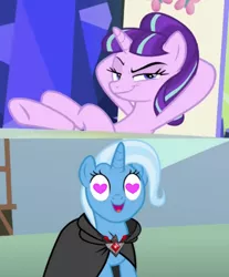 Size: 642x774 | Tagged: safe, derpibooru import, edit, edited screencap, screencap, starlight glimmer, trixie, magic duel, the cutie re-mark, alicorn amulet, female, heart, heart eyes, lesbian, shipping, shipping domino, startrix, wingding eyes