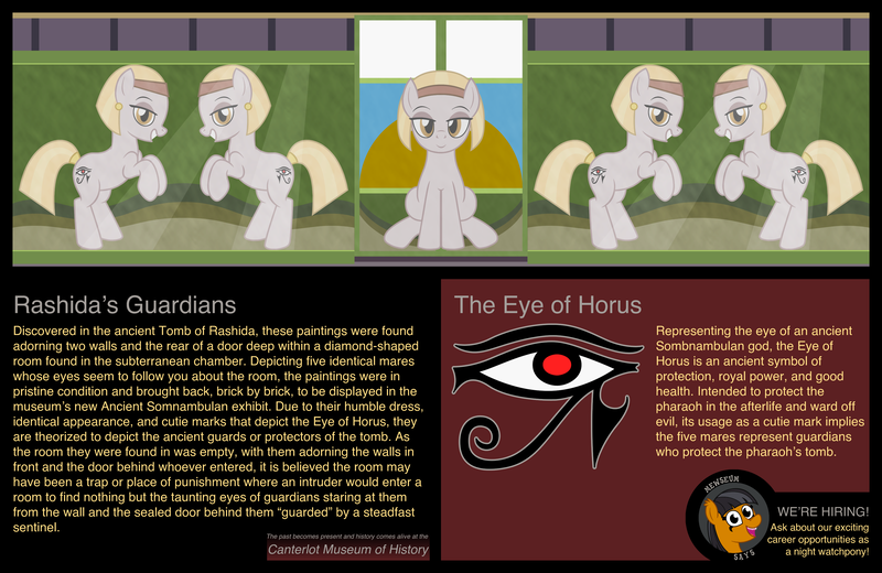 Size: 3502x2275 | Tagged: safe, artist:badumsquish, derpibooru import, part of a set, oc, oc:mewseum, unofficial characters only, earth pony, living hieroglyph, monster pony, original species, pony, sphinx, ancient egypt, bedroom eyes, bricks, brochure, canterlot, ear piercing, earring, egyptian, egyptian pony, exhibit, eye of horus, eyeshadow, fangs, female, five nights at freddy's, grin, headband, hieroglyphics, jewelry, looking at you, makeup, mare, mascot, museum, painting, parody, piercing, show accurate, smiling, solo, sphinx oc, tail wrap, text, trap (device), wall