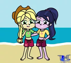 Size: 1200x1057 | Tagged: safe, artist:tommychipmunk, derpibooru import, applejack, baewatch, equestria girls, barefoot, beach, belly button, clothes, feet, legs, lifeguard, lifeguard girl, sand