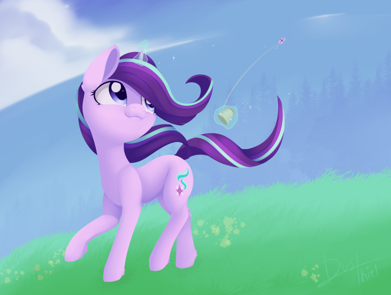 Size: 1512x1142 | Tagged: safe, artist:dusthiel, derpibooru import, starlight glimmer, pony, unicorn, cloud, cute, ear fluff, female, glimmerbetes, kite, kite flying, leg fluff, magic, mare, sky, solo, telekinesis, that pony sure does love kites