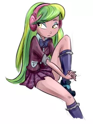 Size: 736x982 | Tagged: safe, artist:ponut_joe, derpibooru import, edit, lemon zest, equestria girls, friendship games, bowtie, clothes, cropped, crystal prep academy uniform, female, headphones, kneesocks, legs, plaid skirt, pleated skirt, school uniform, schrödinger's pantsu, shoes, simple background, skirt, socks, solo, thighs, white background