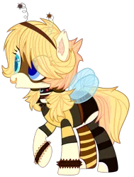 Size: 1541x2041 | Tagged: safe, artist:celestial-rue0w0, artist:tocyabases, derpibooru import, oc, oc:busy buzz (ice1517), unofficial characters only, bee pony, original species, pony, base used, bowtie, choker, clothes, collar, commission, deely bobbers, female, mare, mask, mismatched socks, nose piercing, nose ring, open mouth, piercing, raised hoof, shirt, shorts, simple background, socks, solo, striped socks, transparent background, wristband
