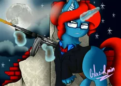 Size: 4096x2896 | Tagged: safe, artist:glacialpain, derpibooru import, oc, oc:red velvet, pony, unicorn, fallout equestria, bowtie, clothes, cloud, fallout, glasses, gun, magic, moon, shooting, simple background, smoke, stars, suit, tommy gun, weapon
