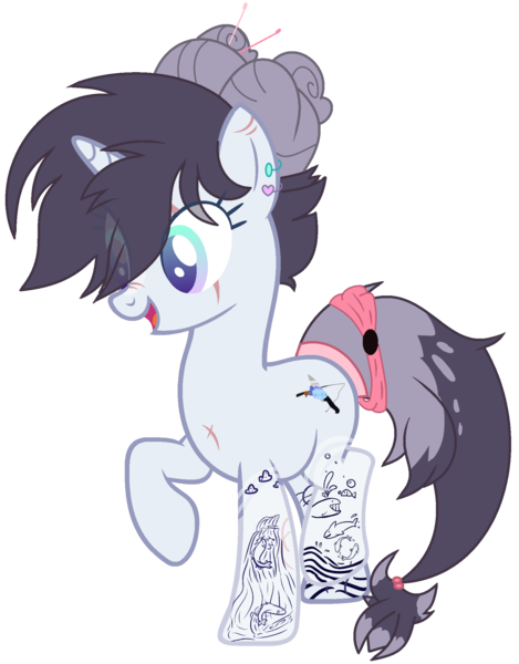 Size: 1668x2136 | Tagged: safe, artist:celestial-rue0w0, artist:pegasski, derpibooru import, oc, oc:mako miso, unofficial characters only, pony, unicorn, base used, commission, ear piercing, earring, eye scar, female, jewelry, mare, open mouth, piercing, raised hoof, raised leg, scar, simple background, solo, tattoo, transparent background