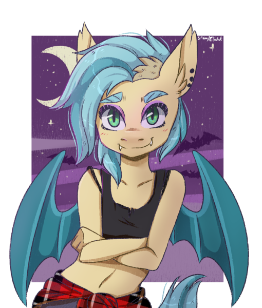 Size: 1700x2000 | Tagged: safe, artist:silbersternenlicht, derpibooru import, oc, unofficial characters only, anthro, bat pony, bat pony oc, bat wings, clothes, commission, crescent moon, crossed arms, female, looking at you, moon, night, night sky, pants, simple background, sky, smiling, solo, stars, transparent background, wings