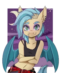 Size: 1700x2000 | Tagged: safe, artist:silbersternenlicht, derpibooru import, oc, unofficial characters only, anthro, bat pony, bat pony oc, bat wings, clothes, commission, crescent moon, crossed arms, female, looking at you, moon, night, night sky, pants, simple background, sky, smiling, solo, stars, transparent background, wings