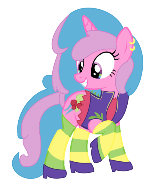 Size: 1629x1933 | Tagged: safe, artist:celestial-rue0w0, artist:pegasski, derpibooru import, oc, unofficial characters only, pony, unicorn, icey-verse, base used, clothes, commission, ear piercing, earring, female, grin, hoof shoes, jacket, jewelry, leather jacket, magical lesbian spawn, mare, offspring, parent:berry punch, parent:minuette, parents:berrygate, piercing, raised hoof, shirt, simple background, smiling, solo, t-shirt, transparent background