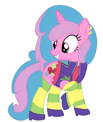 Size: 1629x1933 | Tagged: safe, artist:celestial-rue0w0, artist:pegasski, derpibooru import, oc, unofficial characters only, pony, unicorn, icey-verse, base used, clothes, commission, ear piercing, earring, female, grin, hoof shoes, jacket, jewelry, leather jacket, magical lesbian spawn, mare, offspring, parent:berry punch, parent:minuette, parents:berrygate, piercing, raised hoof, shirt, simple background, smiling, solo, t-shirt, transparent background