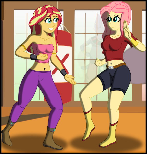 Size: 1994x2089 | Tagged: safe, artist:physicrodrigo, derpibooru import, part of a set, fluttershy, sunset shimmer, equestria girls, armlet, belly button, belt, boots, breasts, caulifla, clothes, commission, cosplay, costume, dojo, dragon ball super, duo, female, fist, high res, kale, looking at each other, martial arts, midriff, pants, part of a series, punching bag, raised foot, raised hand, shirt, shoes, shorts, smiling, story in the source, training, transformation, transformation sequence, tube top, wristband