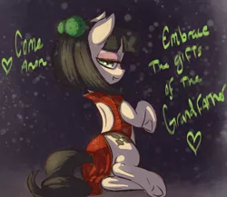 Size: 1800x1560 | Tagged: suggestive, artist:t72b, derpibooru import, oc, oc:corona chan, ponified, pony, bedroom eyes, butt, cheongsam, chinese dress, clothes, coronavirus, covid-19, female, implied nurgle, looking at you, nurgle, plot, povid-19, raised hoof, side slit, sitting, talking to viewer, tempting fate, text, this will end in tears, warhammer (game), warhammer 40k
