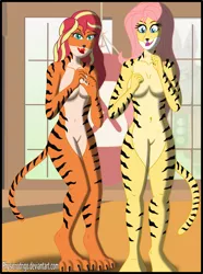 Size: 1639x2200 | Tagged: suggestive, artist:physicrodrigo, derpibooru import, part of a set, fluttershy, sunset shimmer, anthro, bat pony, big cat, digitigrade anthro, tiger, equestria girls, barbie doll anatomy, bedroom eyes, belly button, breasts, busty fluttershy, busty sunset shimmer, casual nudity, claws, commission, dojo, duo, duo female, fangs, featureless crotch, female, flutterbat, human to anthro, looking at you, nudity, open mouth, part of a series, post-transformation, punching bag, race swap, raised hand, slit eyes, smiling, species swap, story in the source, strategically covered, transformation, transformation sequence, transformed