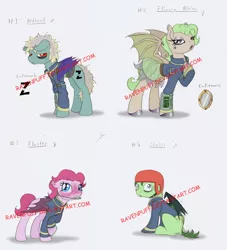 Size: 1002x1102 | Tagged: safe, artist:ravenpuff, deleted from derpibooru, derpibooru import, oc, oc:bedhead, oc:flimsy whim, oc:fluster, oc:shakes, unofficial characters only, bat pony, pony, fallout equestria, bags under eyes, bat pony oc, bat wings, belt, blushing, braces, clothes, eyelashes, female, helmet, makeup, male, mare, open mouth, raised hoof, red eyes, skirt, slit eyes, stallion, tired, vault suit, wide eyes, wings
