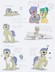 Size: 1023x1348 | Tagged: safe, artist:ravenpuff, deleted from derpibooru, derpibooru import, oc, oc:dol unit, oc:prof. sanguinem, oc:solar fusion, oc:sun-prima, oc:sunshine unit, unofficial characters only, bat pony, pony, unicorn, annoyed, bags under eyes, bat pony oc, bat wings, black sclera, chest fluff, clothes, colt, curved horn, dark magic, dialogue, ear piercing, fangs, female, frustrated, gay, holding a pony, horn, jewelry, lab coat, magic, magical gay spawn, male, mare, necklace, necktie, offspring, open mouth, parent:oc:prof. sanguinem, parent:oc:sunshine unit, parents:oc x oc, pearl necklace, piercing, raised hoof, reference sheet, sleeping, stallion, swaddling, tired, unicorn oc, wings