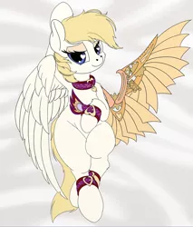 Size: 900x1054 | Tagged: suggestive, artist:manifest harmony, derpibooru import, oc, oc:gizmo gears, unofficial characters only, pegasus, pony, fanfic:clocktower society, amputee, ankle cuffs, artificial wings, augmented, collar, cuffs, female, heart eyes, heart nostrils, mare, mask, pegasus oc, prosthetic limb, prosthetic wing, prosthetics, solo, white coat, wingding eyes, wings
