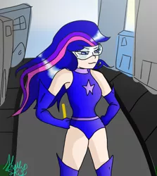 Size: 570x640 | Tagged: artist:shailysky, clothes, derpibooru import, hands on hip, human, humanized, leotard, magic gaia, safe, superhero, twilight sparkle