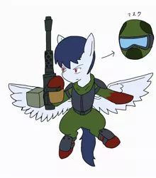 Size: 1802x2048 | Tagged: safe, artist:omegapony16, derpibooru import, oc, oc:oriponi, unofficial characters only, pegasus, pony, armor, flying, gas mask, gun, hoof hold, male, mask, simple background, solo, spread wings, stallion, weapon, white background, wings