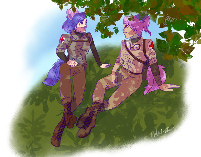 Size: 2000x1557 | Tagged: alternate version, army, artist:wicked-red-art, bag, belt, boots, clothes, commission, derpibooru import, eared humanization, female, goggles, grass, grin, human, humanized, humanized oc, looking at each other, medic, oc, oc:fukimo gen, oc:redheart cross, pants, pouch, safe, shirt, shoes, simple background, smiling, tailed humanization, transparent background, tree, unofficial characters only