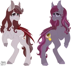 Size: 1501x1379 | Tagged: safe, artist:sharxz, derpibooru import, oc, oc:magenta scroll, oc:scarlet quill, unofficial characters only, bat pony, pony, bat pony oc, bat wings, comic, commission, digital art, fangs, female, fraternal twins, glasses, mare, rearing, siblings, signature, simple background, sisters, smiling, transparent background, twins, wings