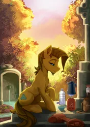 Size: 1555x2200 | Tagged: safe, artist:fidzfox, derpibooru import, oc, unofficial characters only, earth pony, pony, chest fluff, coffee, facial hair, fire, fountain, goatee, lidded eyes, male, scenery, sitting, solo, stallion, tree, water bottle