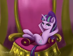 Size: 3539x2727 | Tagged: safe, artist:darksly, derpibooru import, starlight glimmer, pony, unicorn, alternate universe, arm behind head, bad end, female, looking at you, lounging, mare, s5 starlight, smug, smuglight glimmer, this will end in communism, throne, tyrant glimmer, welcome home twilight