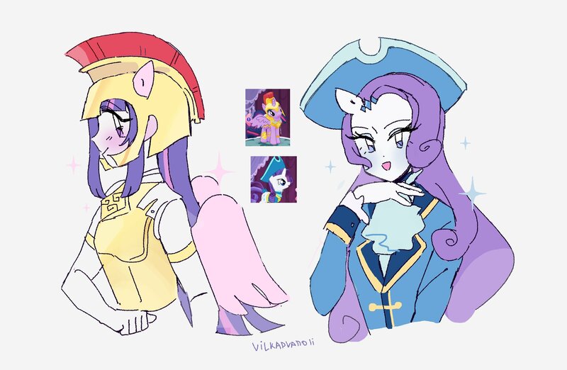 Size: 2934x1914 | Tagged: safe, artist:vilkadvanoli, derpibooru import, rarity, twilight sparkle, twilight sparkle (alicorn), alicorn, pony, unicorn, equestria girls, armor, athena sparkle, bust, clothes, costume, gameloft, pirate, ponied up, screencap reference, sparkles