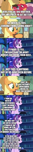 Size: 500x2250 | Tagged: safe, derpibooru import, edit, edited screencap, editor:lord you know who, screencap, applejack, big macintosh, starlight glimmer, comic, coronavirus, covid-19, fanfic art, implied twilight sparkle, screencap comic