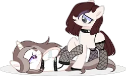 Size: 3245x1966 | Tagged: suggestive, artist:rerorir, derpibooru import, oc, oc:cut crease, oc:goth mocha, unofficial characters only, earth pony, pony, unicorn, bedroom eyes, blank flank, chains, clothes, collar, commission, female, femdom, femsub, fishnets, freckles, garter belt, leash, lesbian, lipstick, looking at each other, mare, nervous, oc x oc, on back, raised hoof, raised leg, shipping, simple background, socks, spiked collar, stockings, submissive, thigh highs, transparent background, unshorn fetlocks, ych result